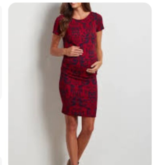 PinkBlush Fitted Maternity Short Sleeve Dress S Burgundy #287K - Picture 1 of 8